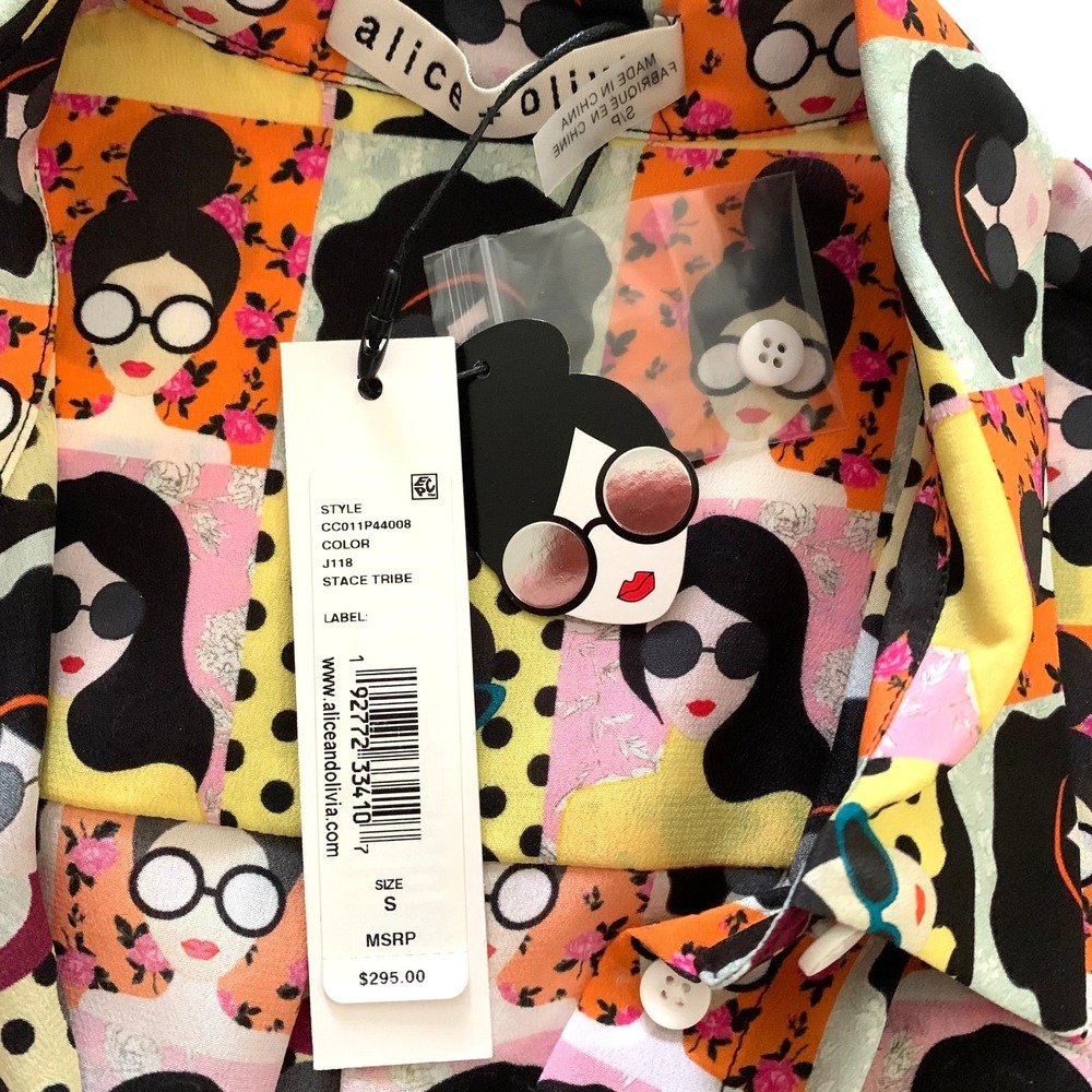 NWT Alice + Olivia Silk Willa Stace Tribe Face Blouse Shirt Sm 2 4 Mod - Picture 5 of 11